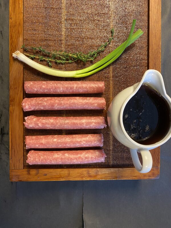 Image of the Variety Fresh Sausage Package featuring 8 individual packages of sausage made from quality meats, sea salt, and spices. The packaging emphasizes the absence of binders, fillers, or nitrates, ensuring clean and tasty sausages. Perfect for both beef and pork lovers, this package offers a variety of options for wholesome and delicious meals.