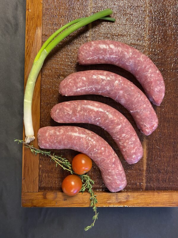 Image of the Variety Fresh Sausage Package featuring 8 individual packages of sausage made from quality meats, sea salt, and spices. The packaging emphasizes the absence of binders, fillers, or nitrates, ensuring clean and tasty sausages. Perfect for both beef and pork lovers, this package offers a variety of options for wholesome and delicious meals.