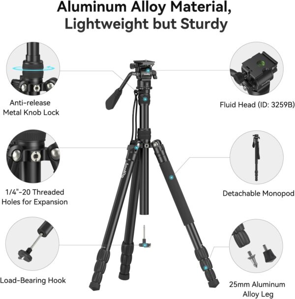 SmallRig 71" Video Tripod Monopod with Fluid Head, Aluminum Camera Tripod, 360 Panorama for Travel, videoing, Live Streaming, vlogging, Adjustable Height from 16.5" to 71", Max. Payload 15kg - 3760B